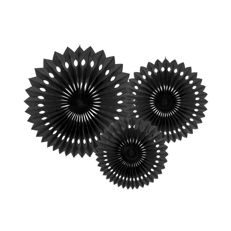 Set 3 rosoni decorativi a ventaglio in carta 20/25/30 cm nero – rpb1-010