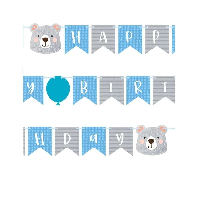 Ghirlanda piccolo orso col. celeste con scritta ” happy birthday” 15 cm x 1.92 m