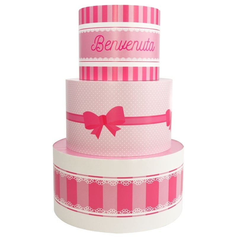 Torta scenografica per festa a tema benvenuto rosa vinile – 1871